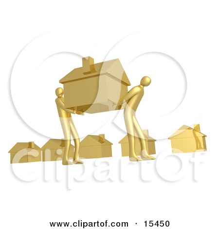 Two Gold People Carrying Their House Through A Neighborhood While Moving Their Home Clipart Illustration Image by 3poD