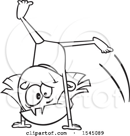 Clipart of a Lineart Girl Gymnast Doing a Cartwheel - Royalty Free Vector Illustration by toonaday