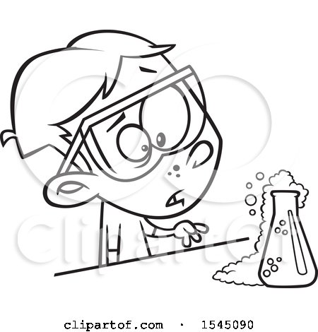 Clipart of a Lineart Boy Witnessing a Chemical Reaction in Science Class - Royalty Free Vector Illustration by toonaday