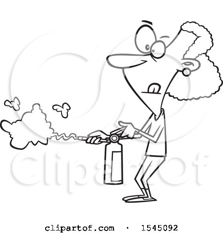 Clipart of a Lineart Woman Using a Fire Extinguisher - Royalty Free Vector Illustration by toonaday