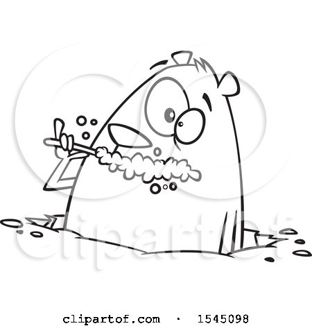 Clipart of a Lineart Groundhog Brushing His Teeth - Royalty Free Vector Illustration by toonaday