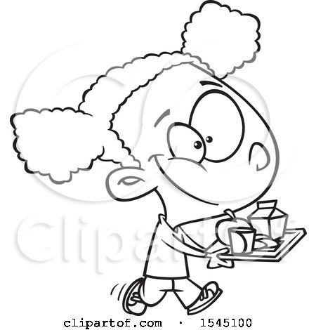 Clipart of a Lineart Black Girl Carrying a Lunch Tray - Royalty Free Vector Illustration by toonaday