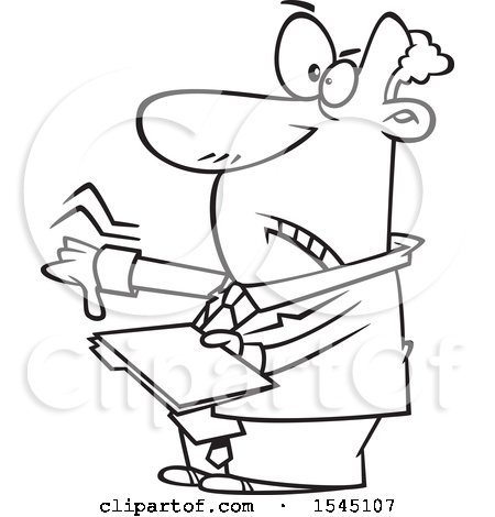 Clipart of a Lineart Business Man Giving a Thumb down and Holding a Folder - Royalty Free Vector Illustration by toonaday