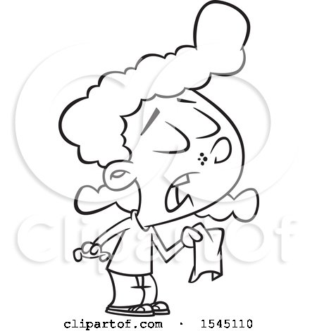 Clipart of a Lineart Girl Holding a Tissue and Sneezing - Royalty Free Vector Illustration by toonaday