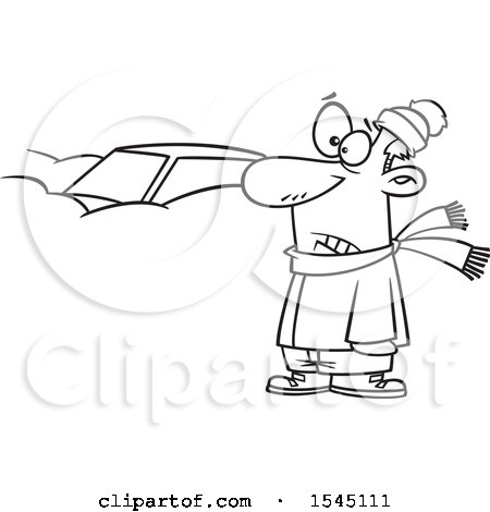 Clipart of a Lineart Man Standing by His Car Completely Buried in Snow - Royalty Free Vector Illustration by toonaday