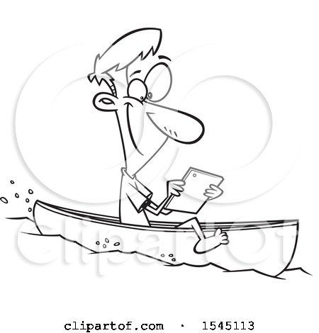 Clipart of a Lineart Man Streaming Videos on His Tablet While Floating in a Boat - Royalty Free Vector Illustration by toonaday