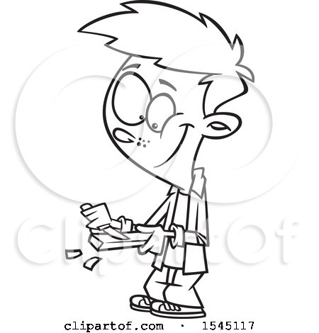 Clipart of a Lineart Boy Whittling Wood - Royalty Free Vector Illustration by toonaday