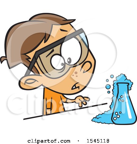 Clipart of a Cartoon Brunette White Boy Witnessing a Chemical Reaction in Science Class - Royalty Free Vector Illustration by toonaday