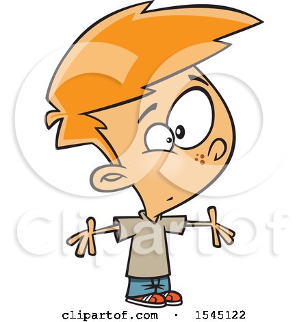 Clipart of a Cartoon Red Haired White Boy Making an Open Armed Gesture - Royalty Free Vector Illustration by toonaday