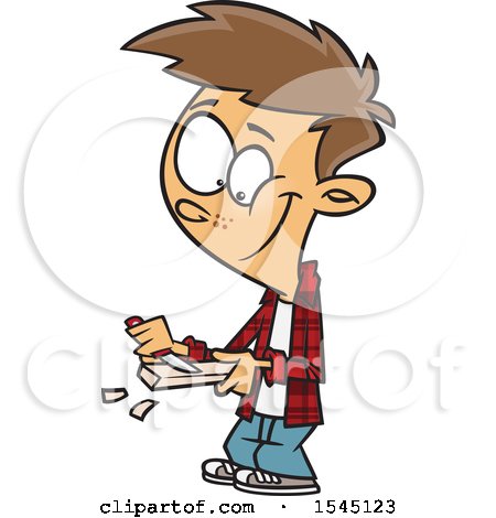 Clipart of a Cartoon Brunette White Boy Whittling Wood - Royalty Free Vector Illustration by toonaday