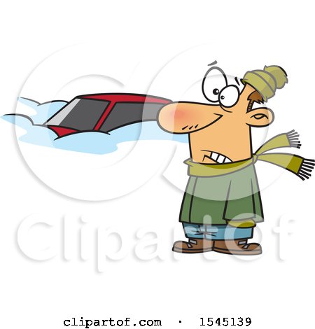 Clipart of a Cartoon Caucasian Man Standing by His Car Completely Buried in Snow - Royalty Free Vector Illustration by toonaday