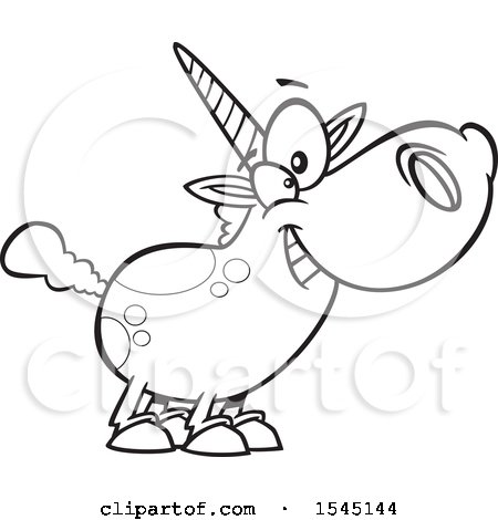 Clipart of a Cartoon Grayscale Happy Chubby Unicorn - Royalty Free Vector Illustration by toonaday
