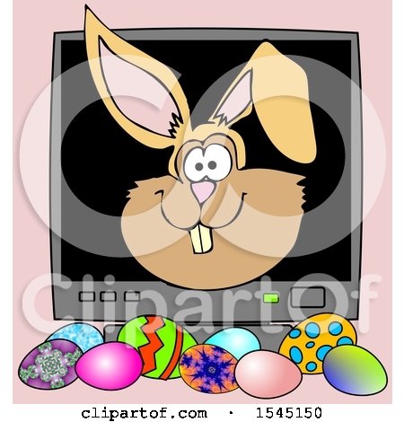 Clipart of a Bunny Rabbit Face Popping out of a Computer Screen over Easter Eggs, on Pink - Royalty Free Illustration by djart