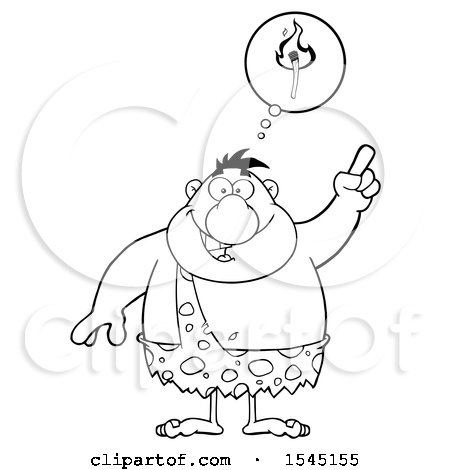 Clipart of a Black and White Caveman Thinking of Fire - Royalty Free Vector Illustration by Hit Toon