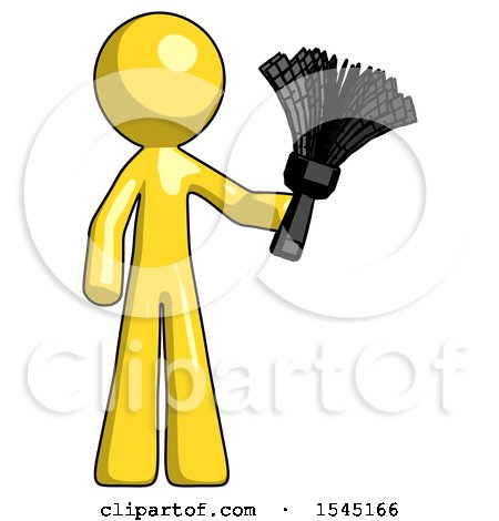 Yellow Design Mascot Man Holding Feather Duster Facing Forward by Leo Blanchette