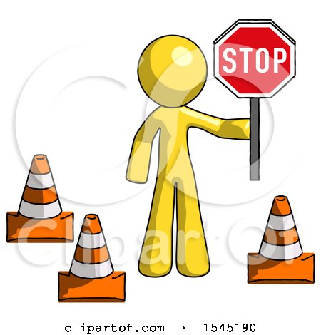 Yellow Design Mascot Man Holding Stop Sign by Traffic Cones Under Construction Concept by Leo Blanchette