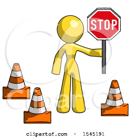 Yellow Design Mascot Woman Holding Stop Sign by Traffic Cones Under Construction Concept by Leo Blanchette