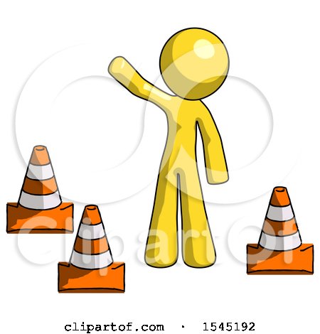 Yellow Design Mascot Man Standing by Traffic Cones Waving by Leo Blanchette