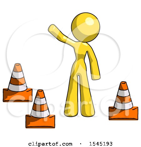 Yellow Design Mascot Woman Standing by Traffic Cones Waving by Leo Blanchette