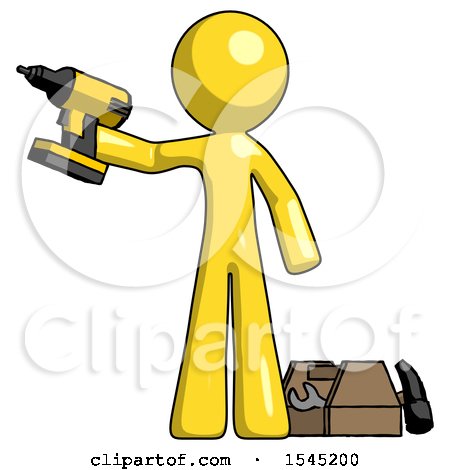 Yellow Design Mascot Man Holding Drill Ready to Work, Toolchest and Tools to Right by Leo Blanchette