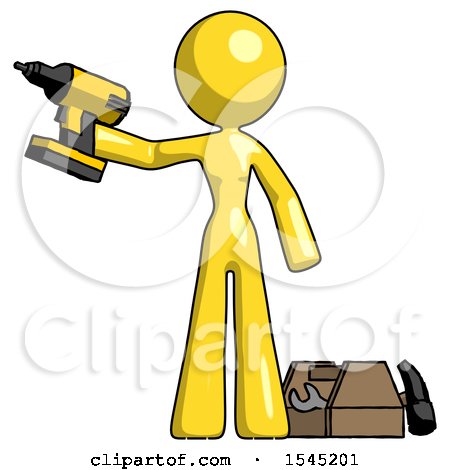 Yellow Design Mascot Woman Holding Drill Ready to Work, Toolchest and Tools to Right by Leo Blanchette