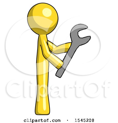 Yellow Design Mascot Man Using Wrench Adjusting Something to Right by Leo Blanchette