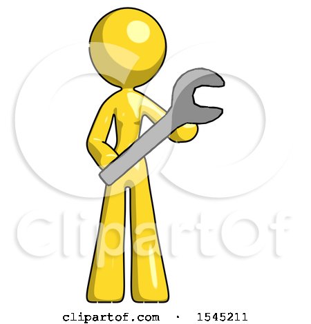 Yellow Design Mascot Woman Holding Large Wrench with Both Hands by Leo Blanchette