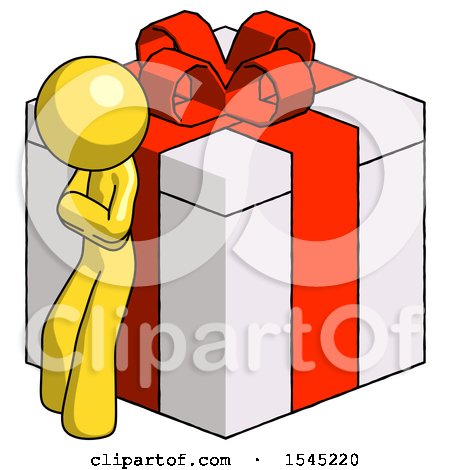 Yellow Design Mascot Man Leaning on Gift with Red Bow Angle View by Leo Blanchette