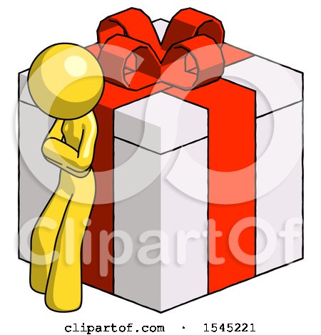 Yellow Design Mascot Woman Leaning on Gift with Red Bow Angle View by Leo Blanchette