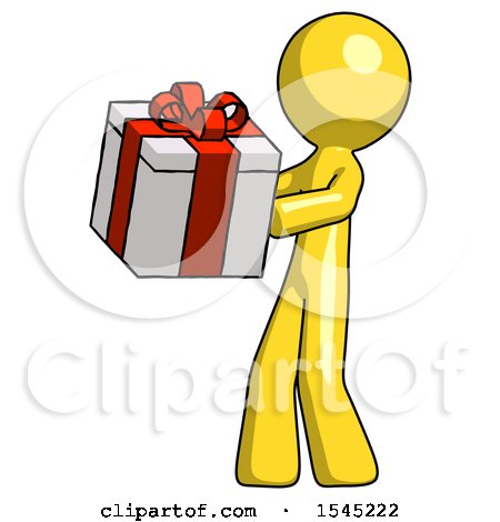 Yellow Design Mascot Man Presenting a Present with Large Red Bow on It by Leo Blanchette