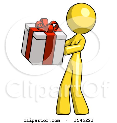 Yellow Design Mascot Woman Presenting a Present with Large Red Bow on It by Leo Blanchette