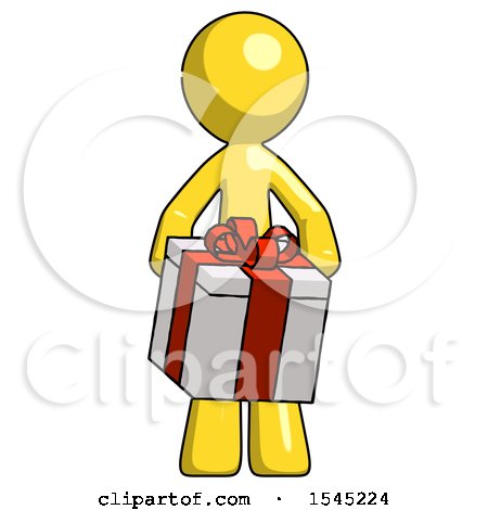Yellow Design Mascot Man Gifting Present with Large Bow Front View by Leo Blanchette