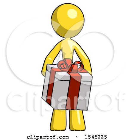 Yellow Design Mascot Woman Gifting Present with Large Bow Front View by Leo Blanchette