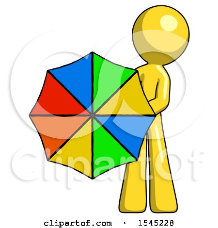 Yellow Design Mascot Man Holding Rainbow Umbrella out to Viewer by Leo Blanchette