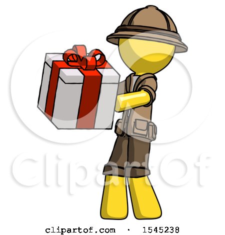 Yellow Explorer Ranger Man Presenting a Present with Large Red Bow on It by Leo Blanchette