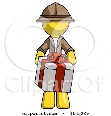Yellow Explorer Ranger Man Gifting Present with Large Bow Front View by Leo Blanchette