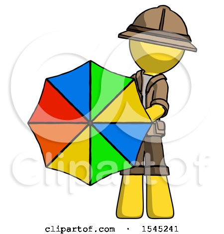 Yellow Explorer Ranger Man Holding Rainbow Umbrella out to Viewer by Leo Blanchette