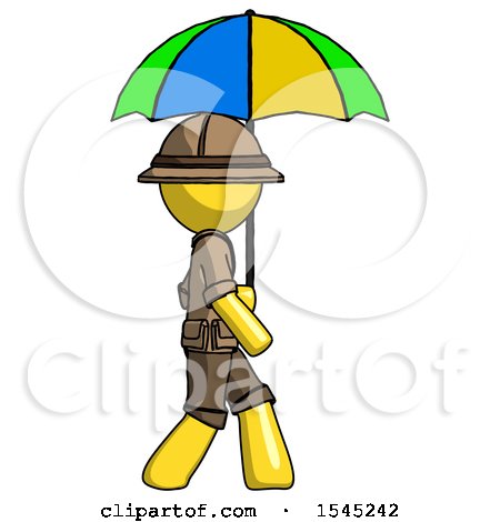 Yellow Explorer Ranger Man Walking with Colored Umbrella by Leo Blanchette