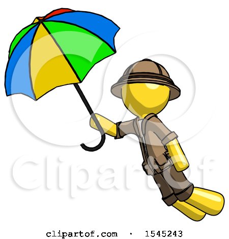 Yellow Explorer Ranger Man Flying with Rainbow Colored Umbrella by Leo Blanchette
