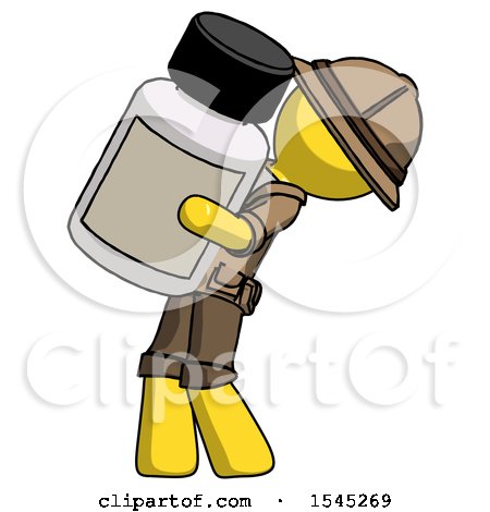 Yellow Explorer Ranger Man Holding Large White Medicine Bottle by Leo Blanchette