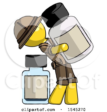 Yellow Explorer Ranger Man Holding Large White Medicine Bottle with Bottle in Background by Leo Blanchette