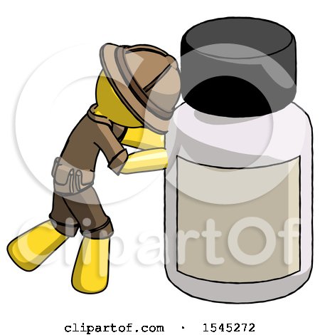 Yellow Explorer Ranger Man Pushing Large Medicine Bottle by Leo Blanchette