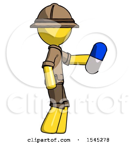 Yellow Explorer Ranger Man Holding Blue Pill Walking to Right by Leo Blanchette