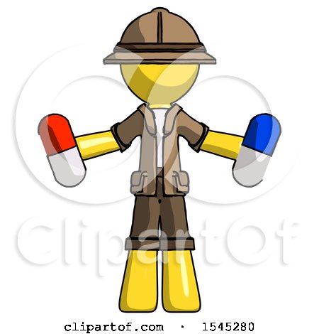 Yellow Explorer Ranger Man Holding a Red Pill and Blue Pill by Leo Blanchette