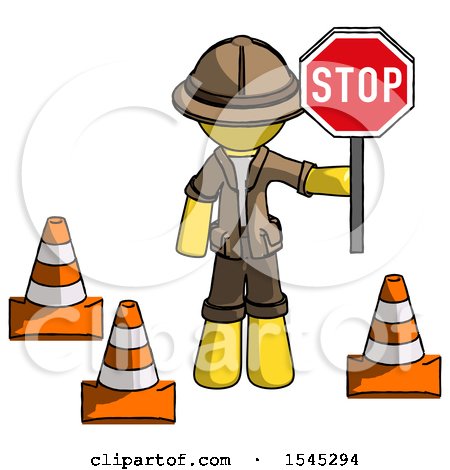 Yellow Explorer Ranger Man Holding Stop Sign by Traffic Cones Under Construction Concept by Leo Blanchette