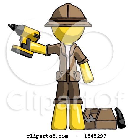 Yellow Explorer Ranger Man Holding Drill Ready to Work, Toolchest and Tools to Right by Leo Blanchette