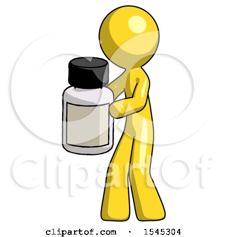 Yellow Design Mascot Man Holding White Medicine Bottle by Leo Blanchette