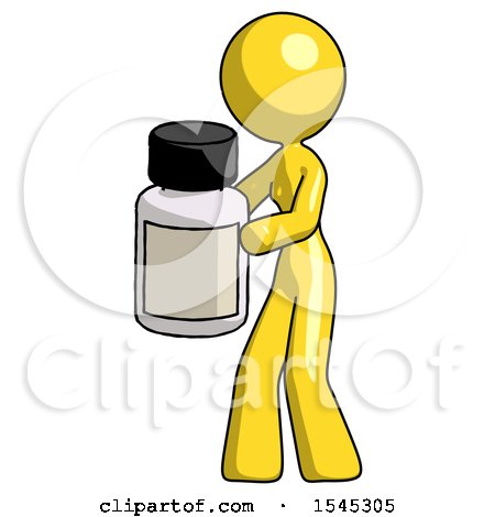 Yellow Design Mascot Woman Holding White Medicine Bottle by Leo Blanchette