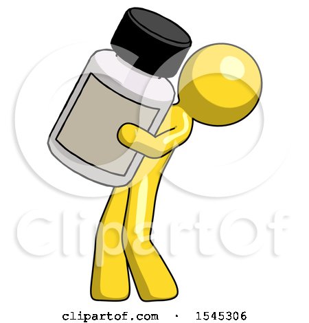 Yellow Design Mascot Man Holding Large White Medicine Bottle by Leo Blanchette