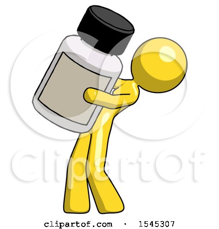 Yellow Design Mascot Woman Holding Large White Medicine Bottle by Leo Blanchette